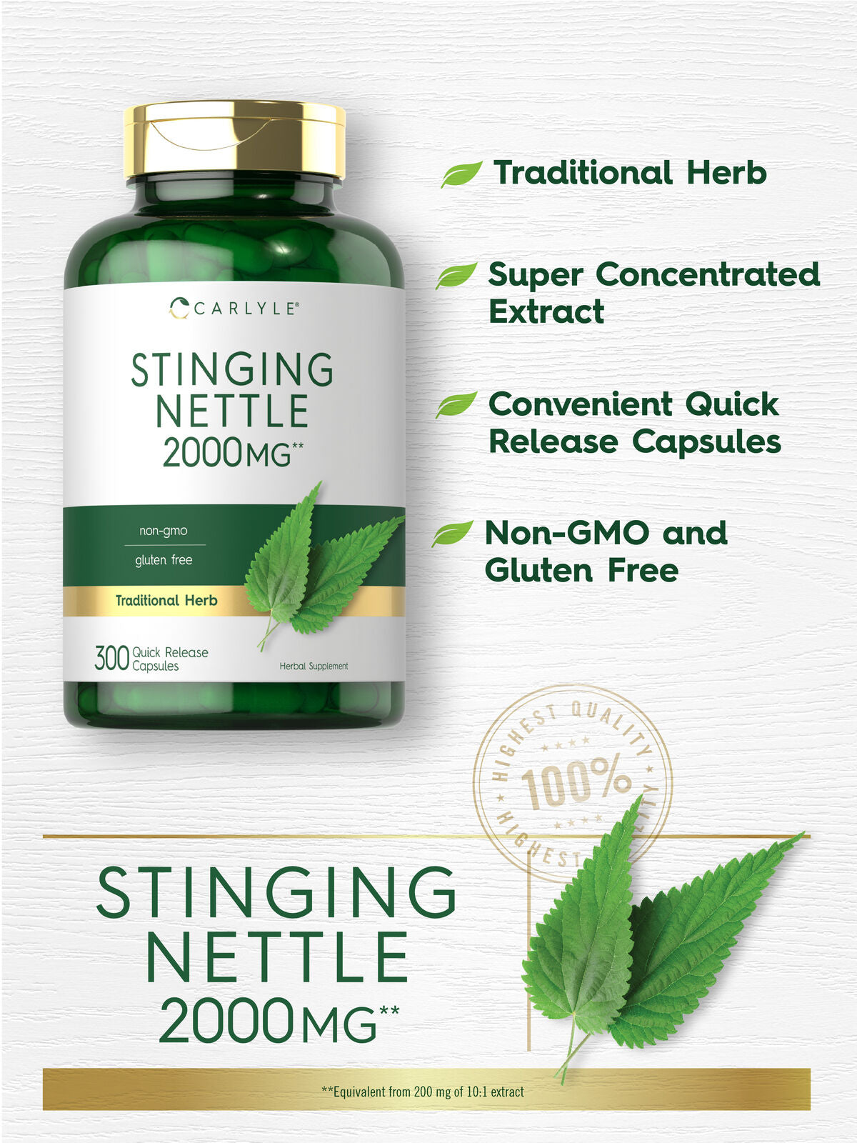 Stinging Nettle Leaf Extract 2000Mg | 300 Capsules | by Carlyle