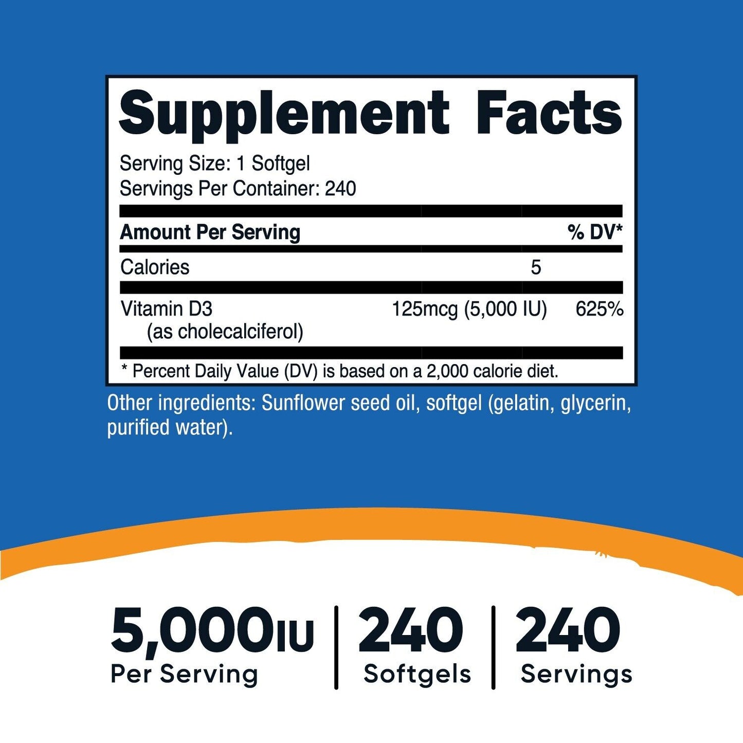 Vitamin D3 5,000 IU, 240 Softgels - Gluten Free & Non-Gmo