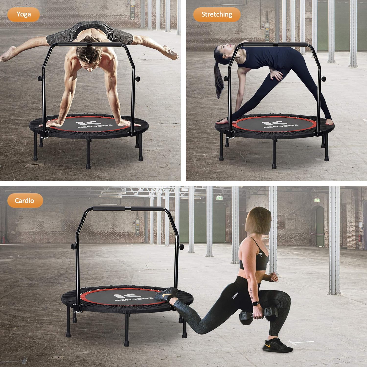 KENSONE 40/48 Mini Trampoline for Adults Kids Foldable Fitness Exercise  Rebounder for Indoor Outdoor Use with Adjustable Foam Handle, Max Load